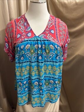 Boho V-Neck Short Sleeve Mixed-Print Velzera Top in Turquoise & Coral